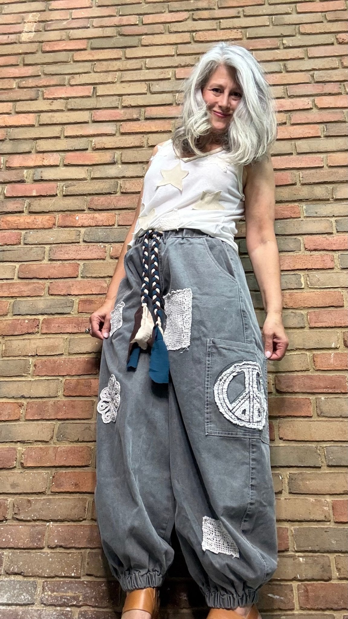 Charcoal Peace Applique Pant - Vintage Vault Boutique