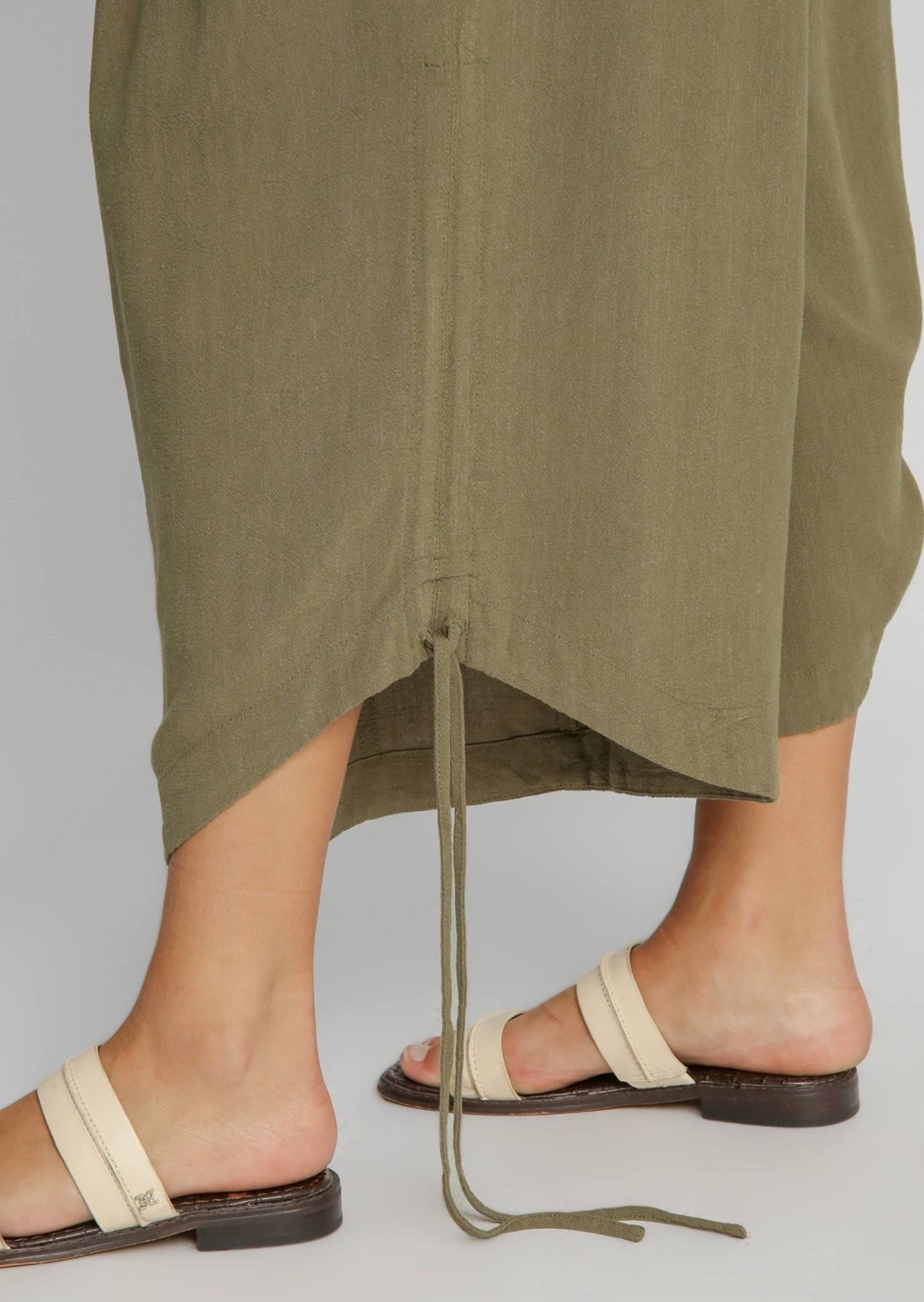 Olive Linen Wide Leg Pant with Adjustable Side Detail 