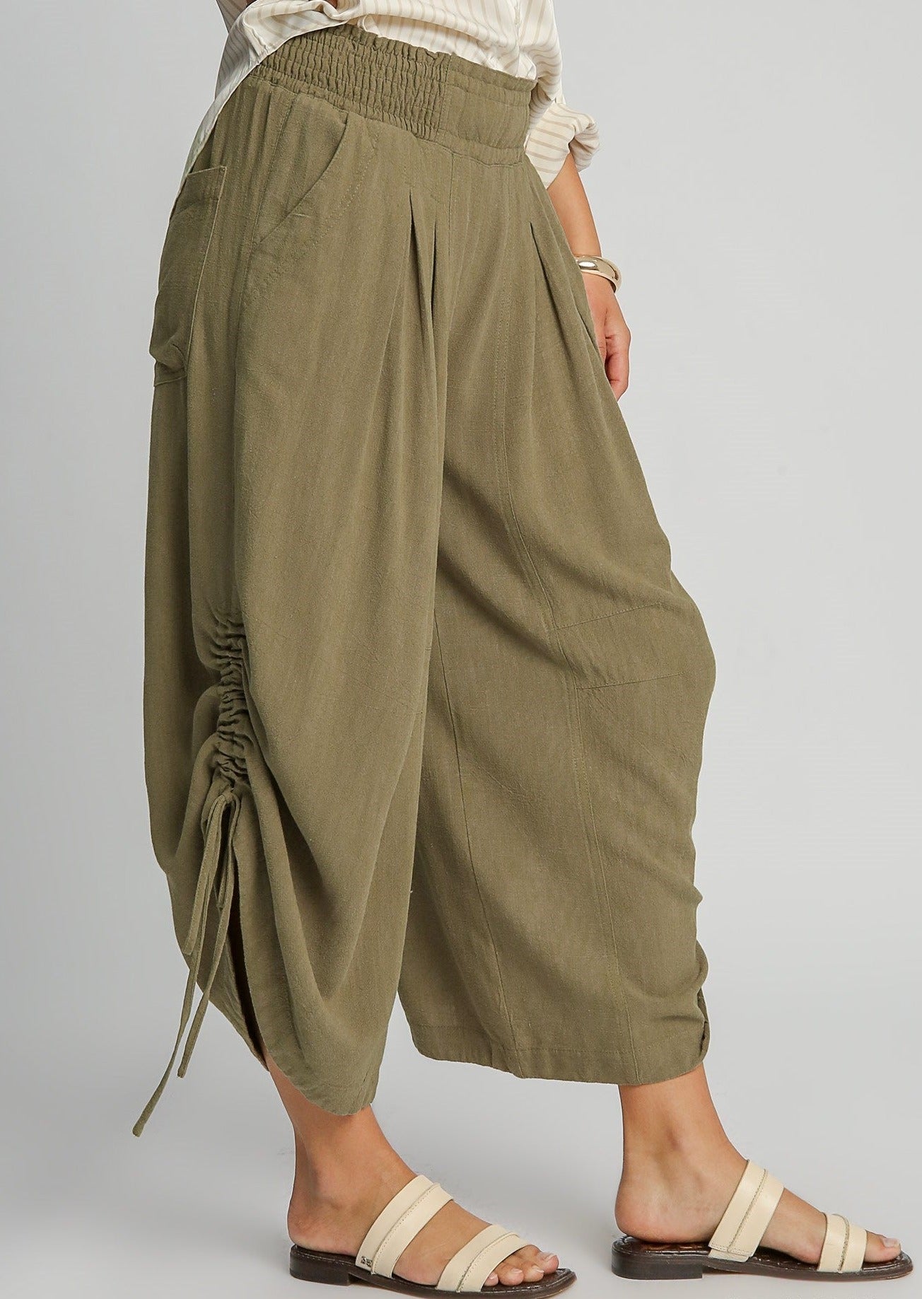 Olive Linen Wide Leg Pant with Adjustable Side Detail 