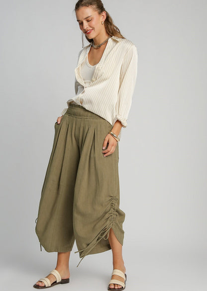 Olive Linen Wide Leg Pant with Adjustable Side Detail 