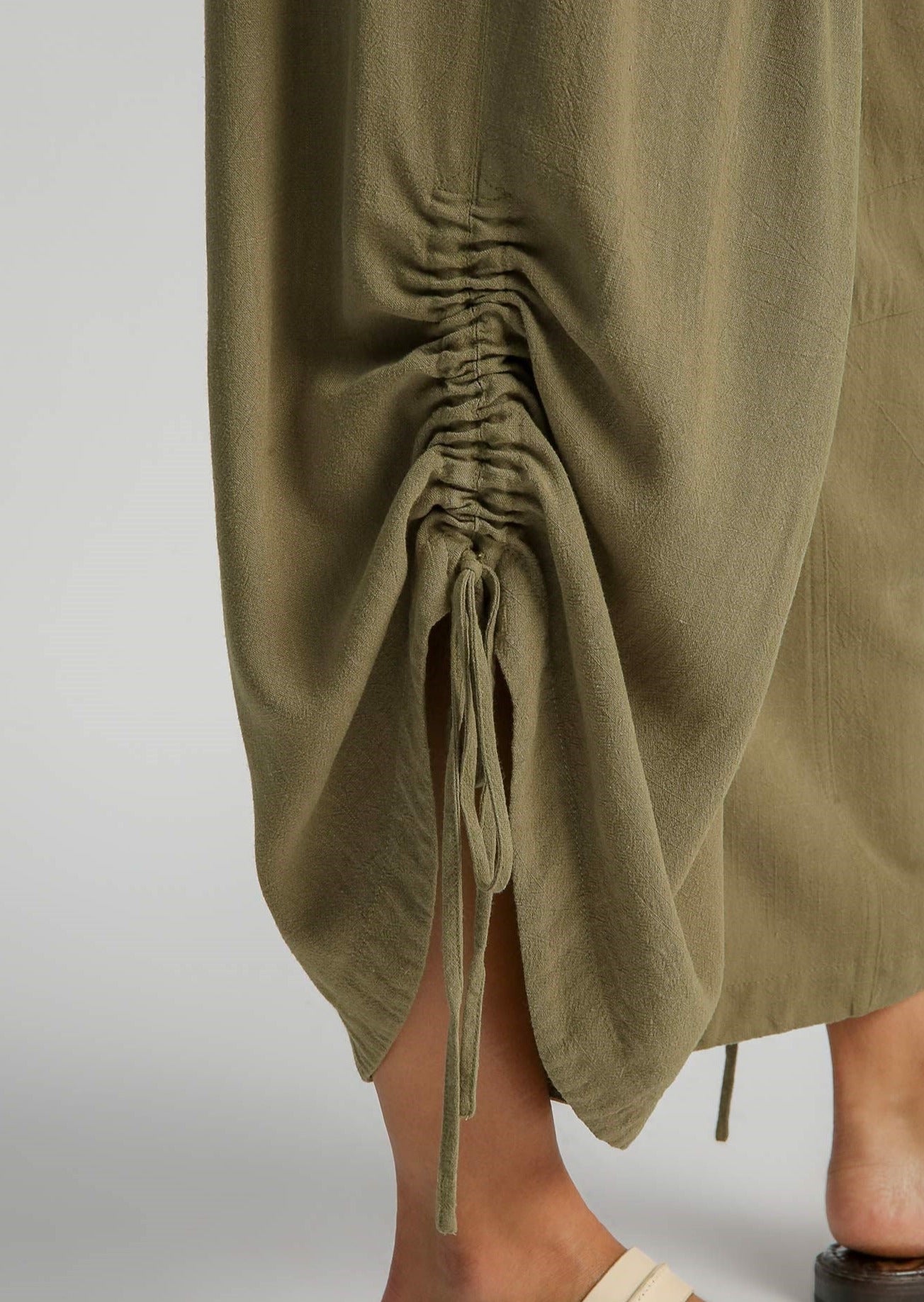 Olive Linen Wide Leg Pant with Adjustable Side Detail 