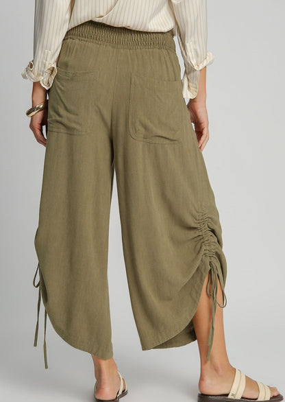 Olive Linen Wide Leg Pant with Adjustable Side Detail 