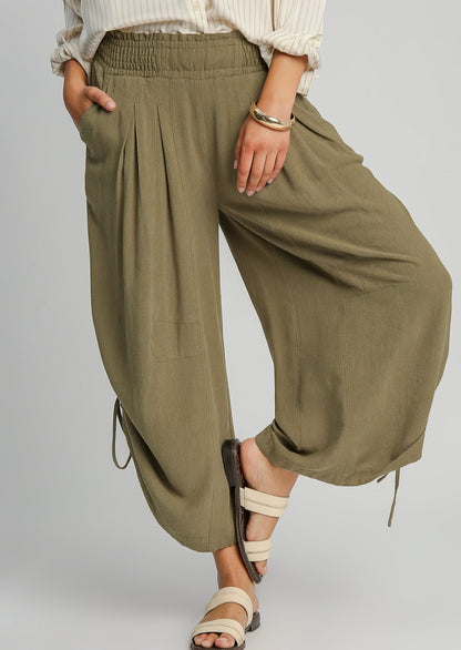 Olive Linen Wide Leg Pant with Adjustable Side Detail 