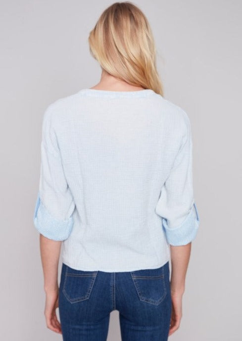 Bubble Cotton Blouse with Twist Front  Sky