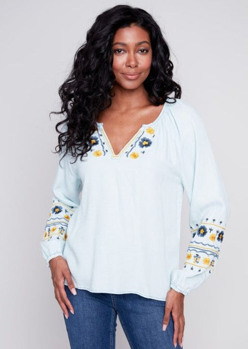Embroidery Tencel Blouse with Elastic Cuffs