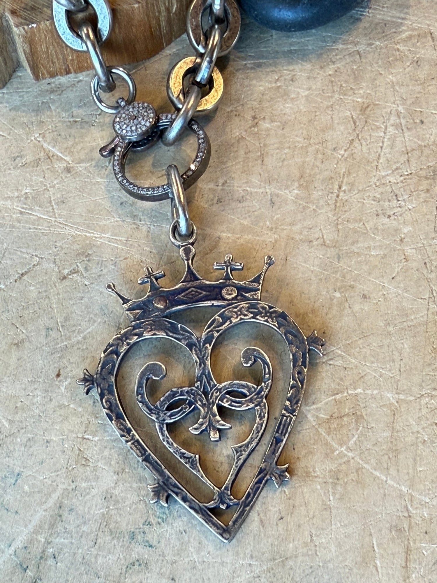 Crown Heart on Diamond Charm Holder Necklace - Vintage Vault Boutique