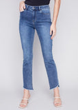 Close-up front view of Asymmetrical Leg Fringe Hem Stretch flare Jean on a model.
