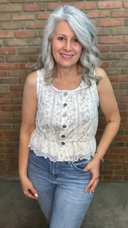 Cream Floral Tank Top - Vintage Vault Boutique