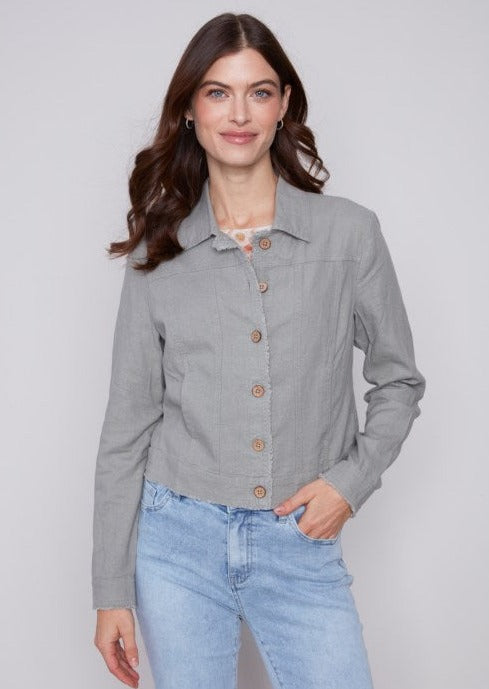 Traveler Jacket with Front Pockets and Frayed Edges  Celadon