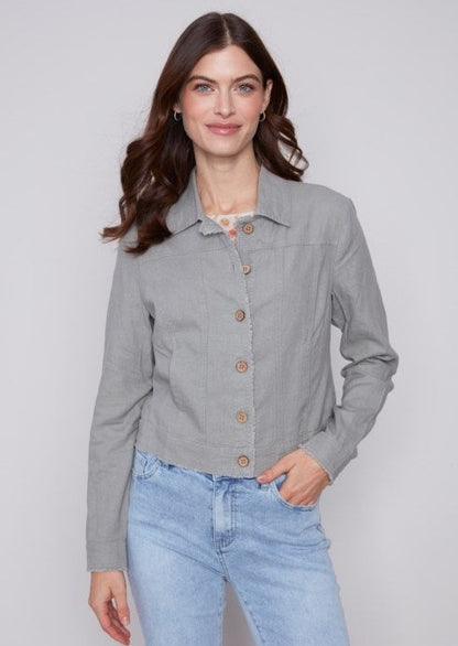 Traveler Jacket with Front Pockets and Frayed Edges  Celadon