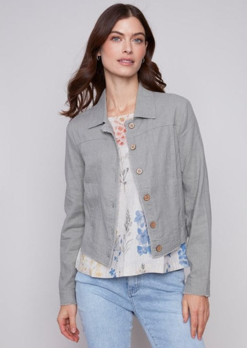 Traveler Jacket with Front Pockets and Frayed Edges  Celadon