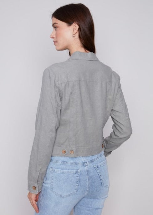 Traveler Jacket with Front Pockets and Frayed Edges  Celadon