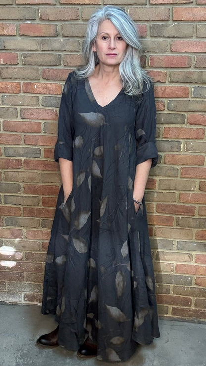Charcoal Printed Linen Dress - Vintage Vault Boutique
