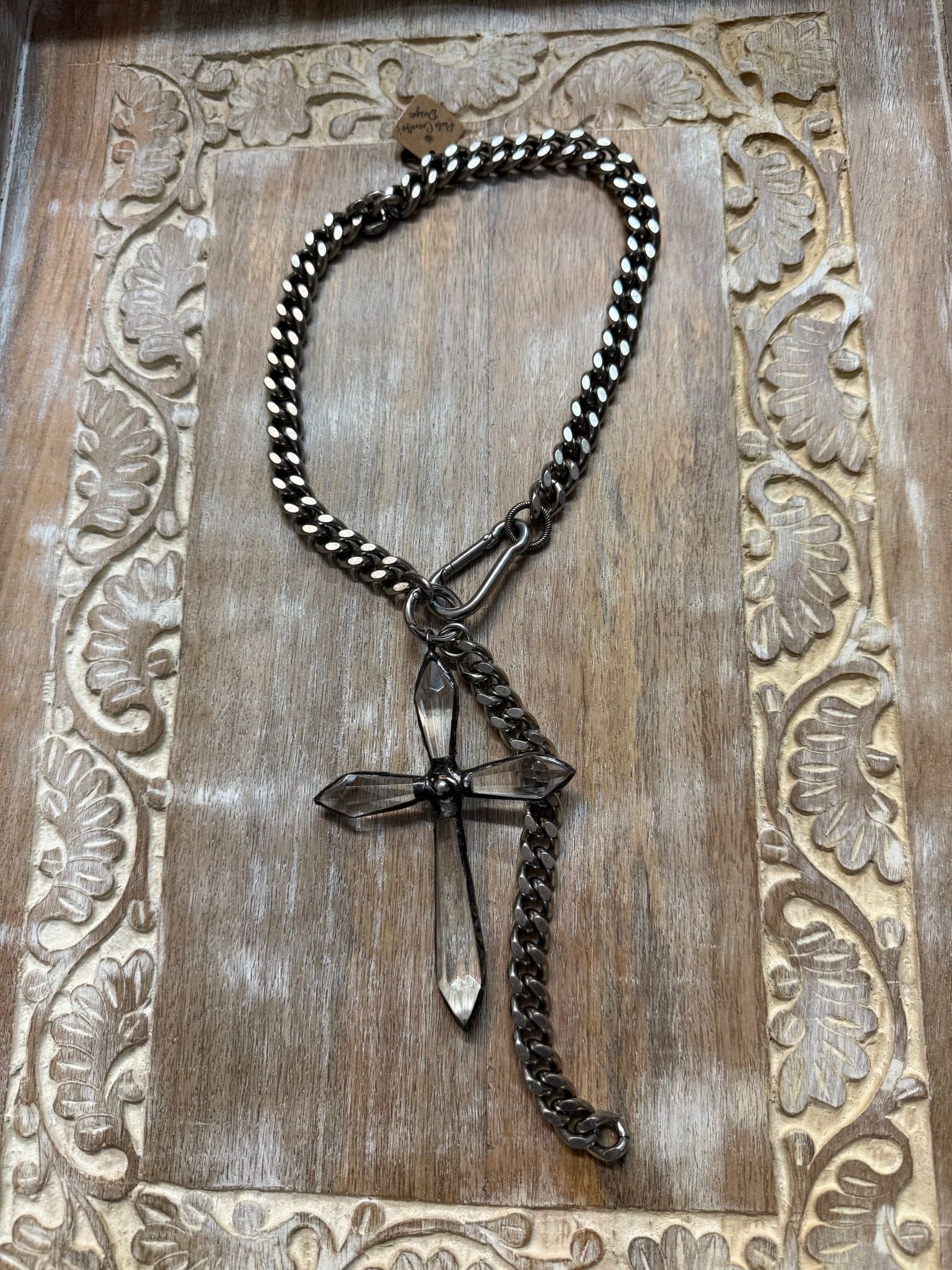 Large Crystal Cross on Curb Chain Necklace - Vintage Vault Boutique