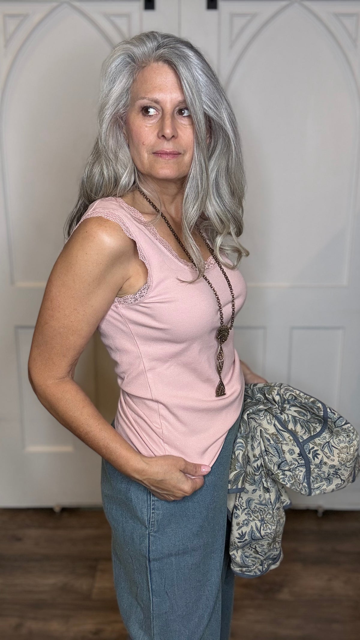 Lace Trim Ribbed Tank Top Blush