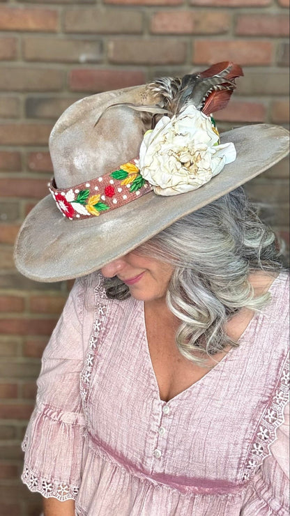 Tan Hat with Embroidery Band - A Rare Bird - Vintage Vault Boutique
