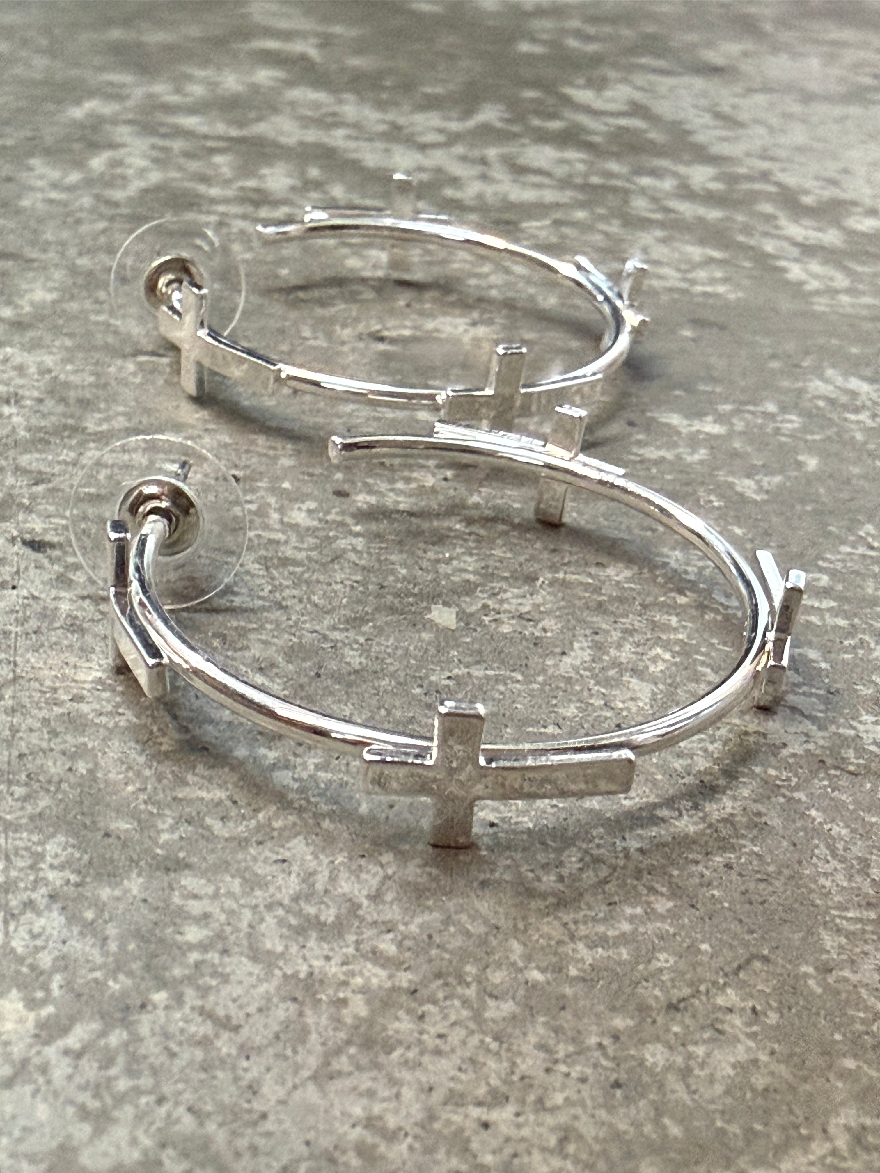 Silver Hoop with Crosses Earrings