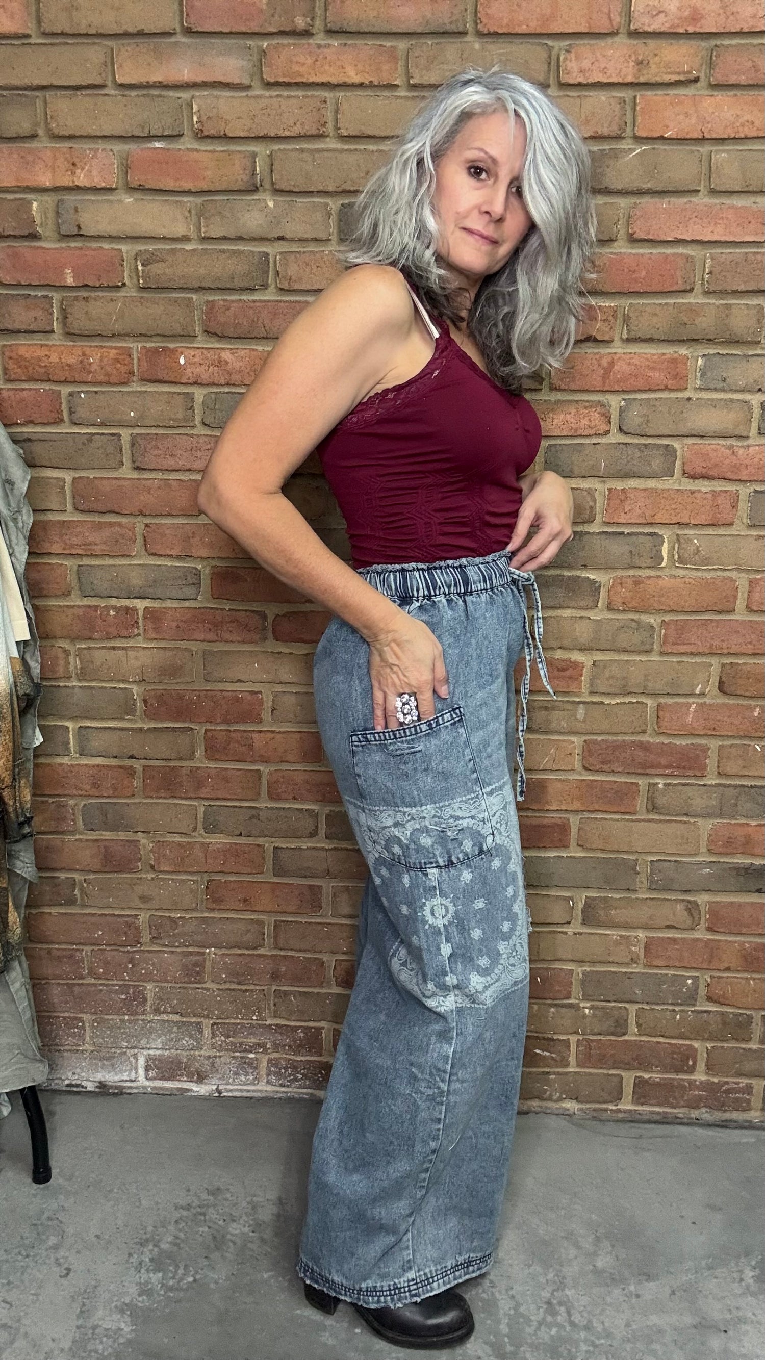 Washed Denim Wide Leg with Bandana Print Pant
