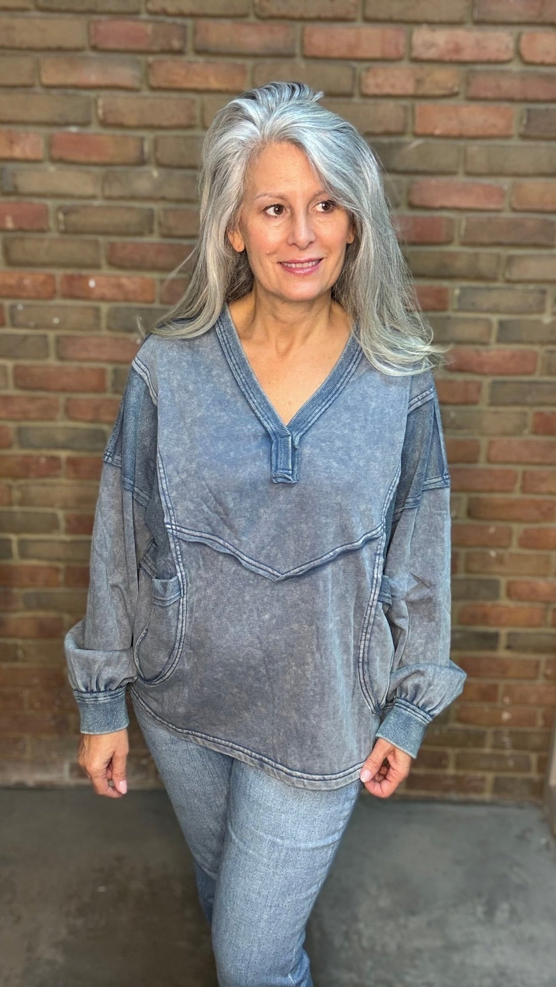 Navy V-Neck Terry Pullover - Vintage Vault Boutique