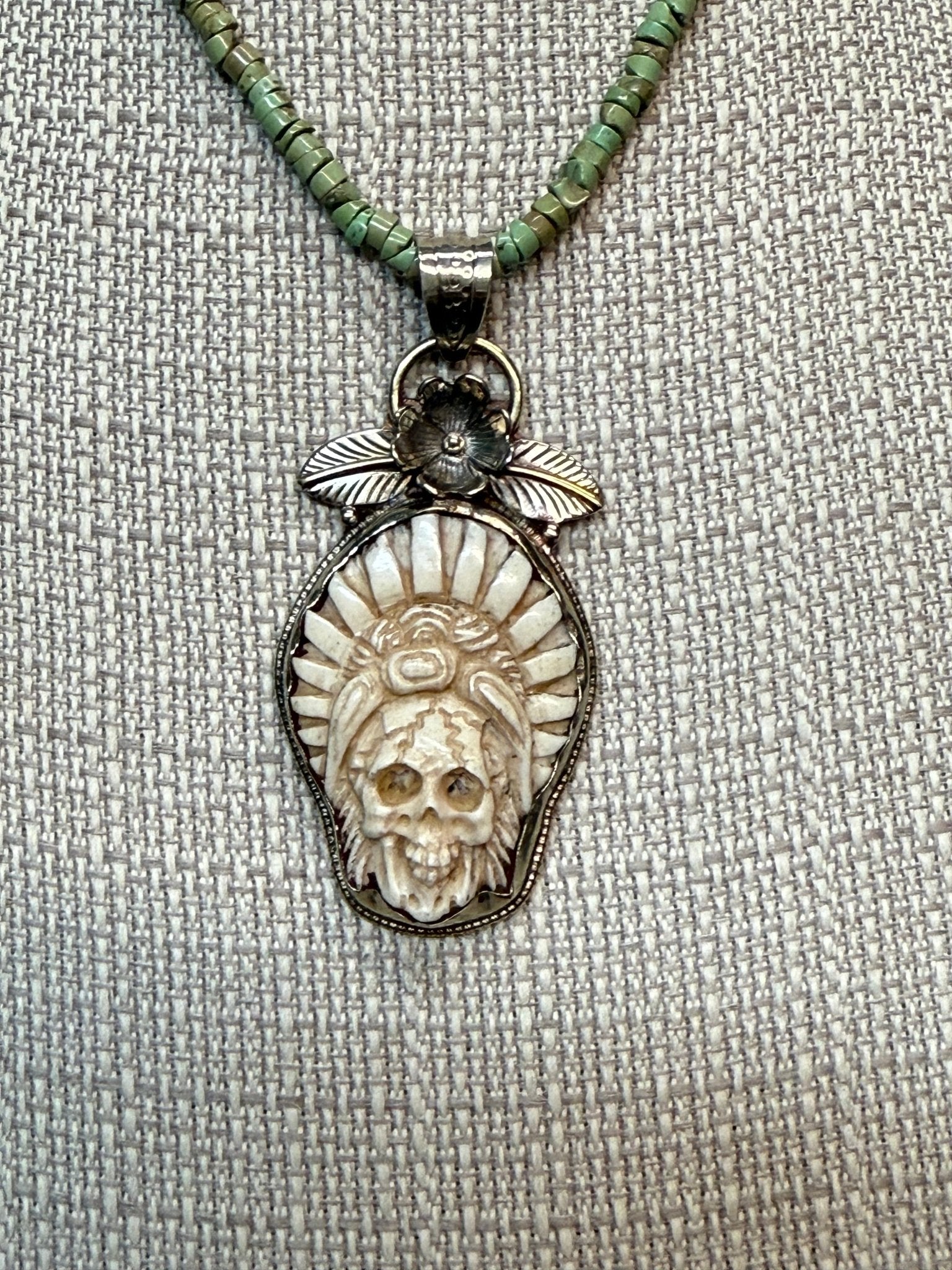 Tibetin Skull in Headdress on African Turquoise Necklace - Vintage Vault Boutique