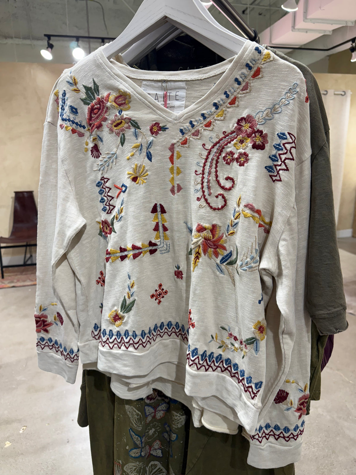 Charlie - Abstract Embroidery V-Neck Top