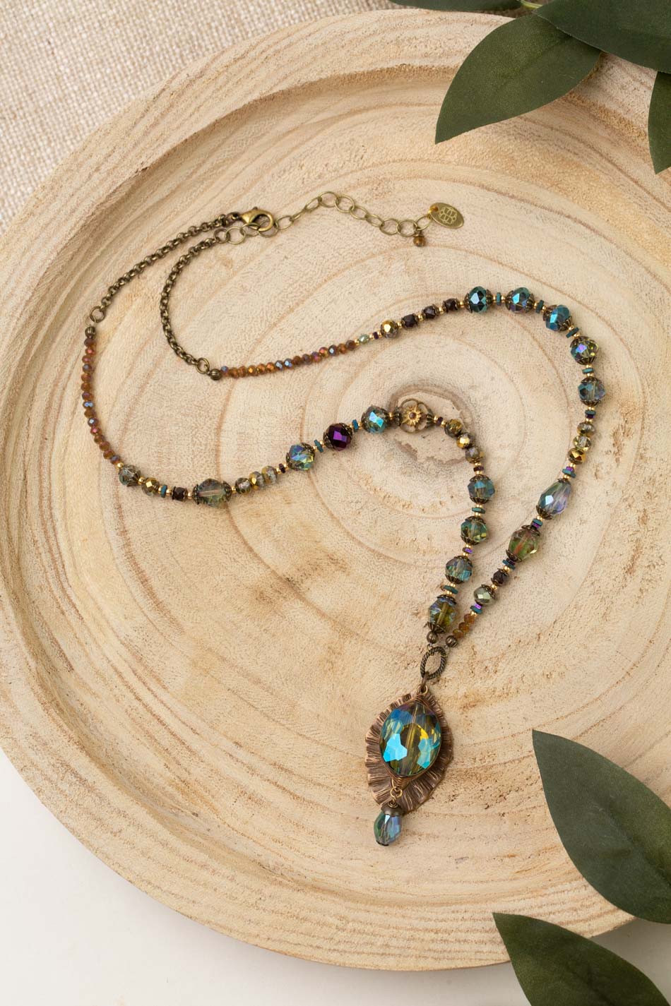 Crisp Autumn 21.5-23.5&quot; Czech Glass Flower With Antique Brass Leaf And Faceted Crystal Collage Necklace