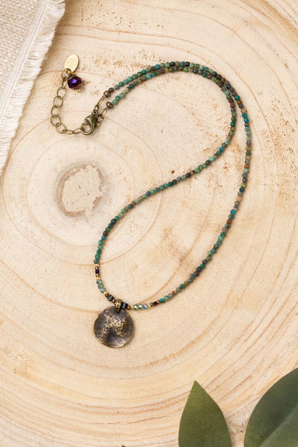 Crisp Autumn 17-19&quot; Matte Chyrsocolla With Antique Brass Medallion Pendant Simple Necklace