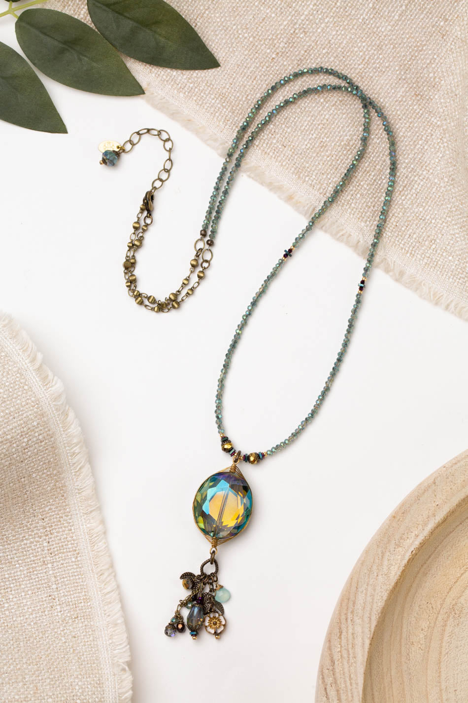 Crisp Autumn 32-34&quot; Chalcedony Briolette, Crystal, Czech Glass, And Antique Brass Leaf Dangles Cluster Necklace