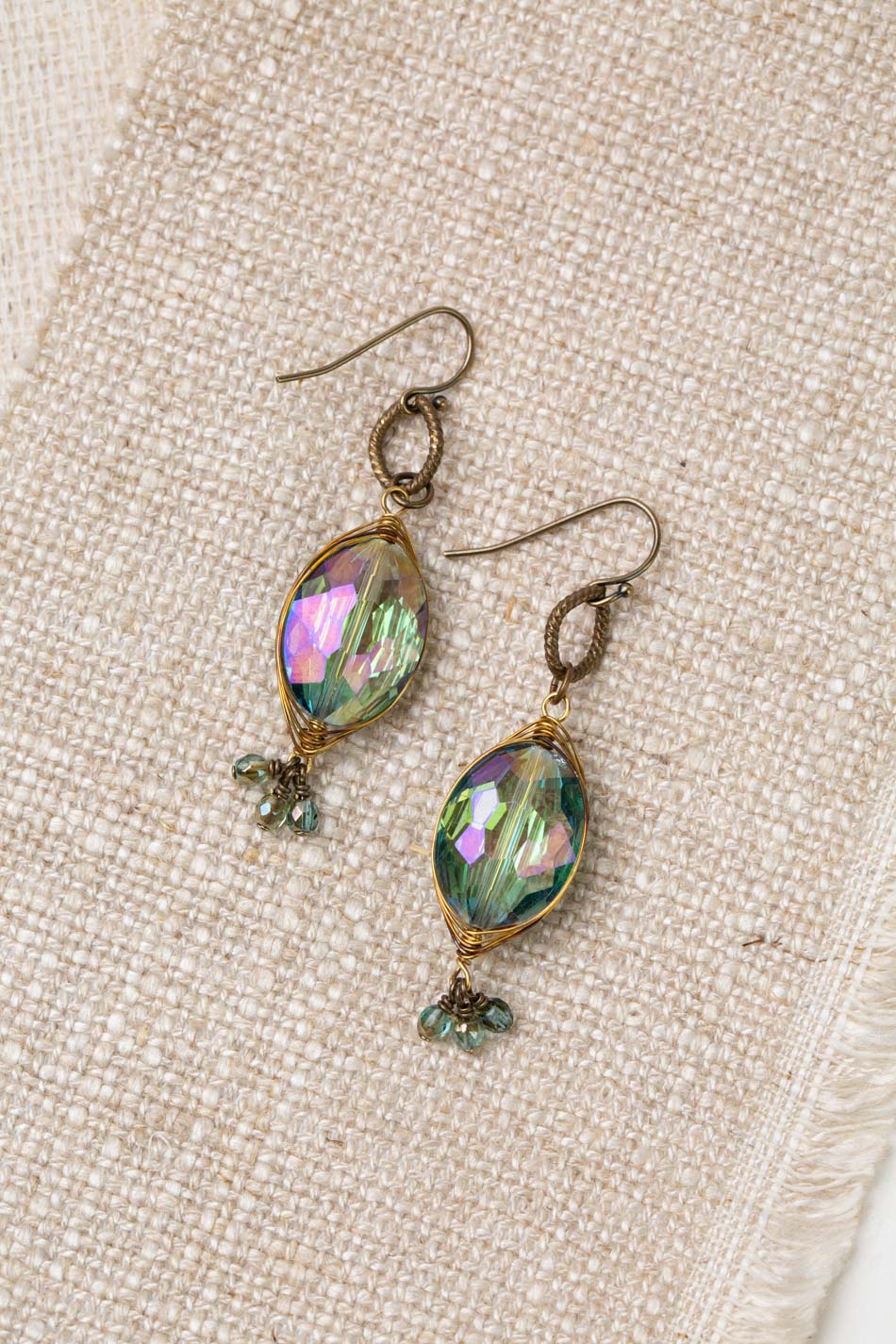 Crisp Autumn Faceted Crystal With Czech Glass Dangles Herringbone Earrings