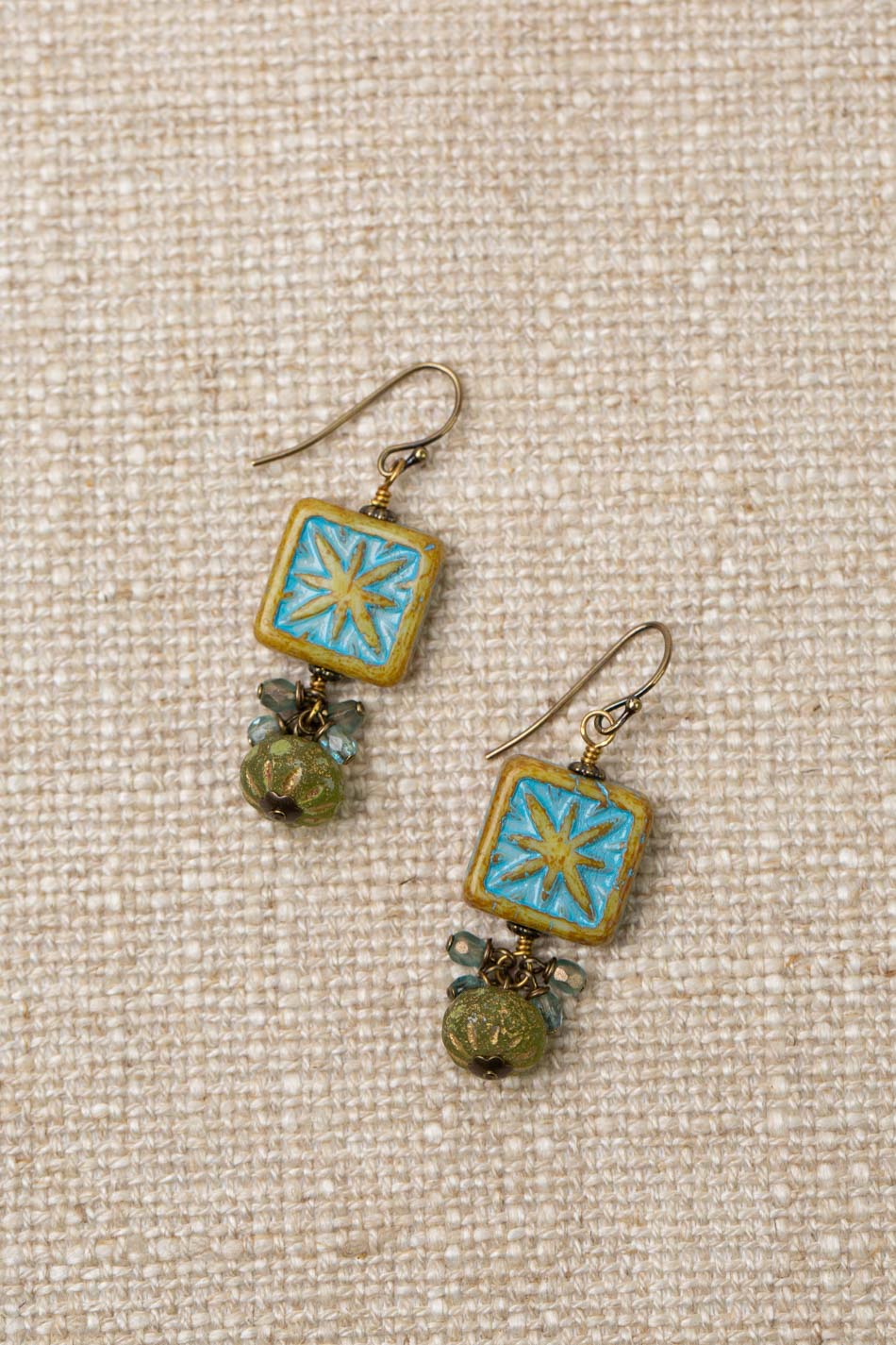Czech Glass Star Stamped Square Earrings 089E