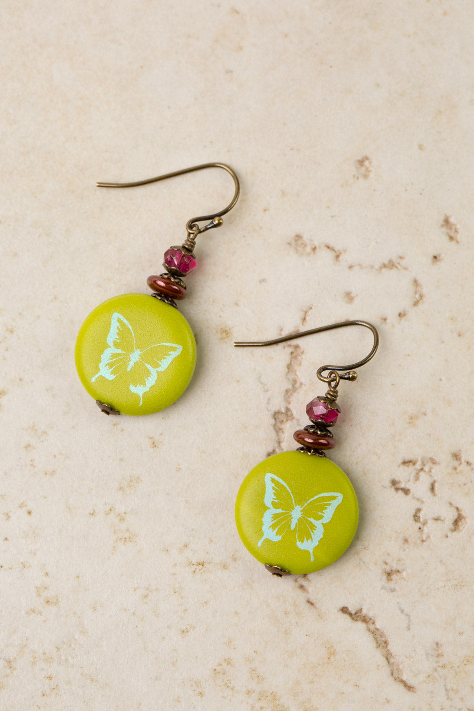 Czech Glass Lime Butterfly Earrings E110