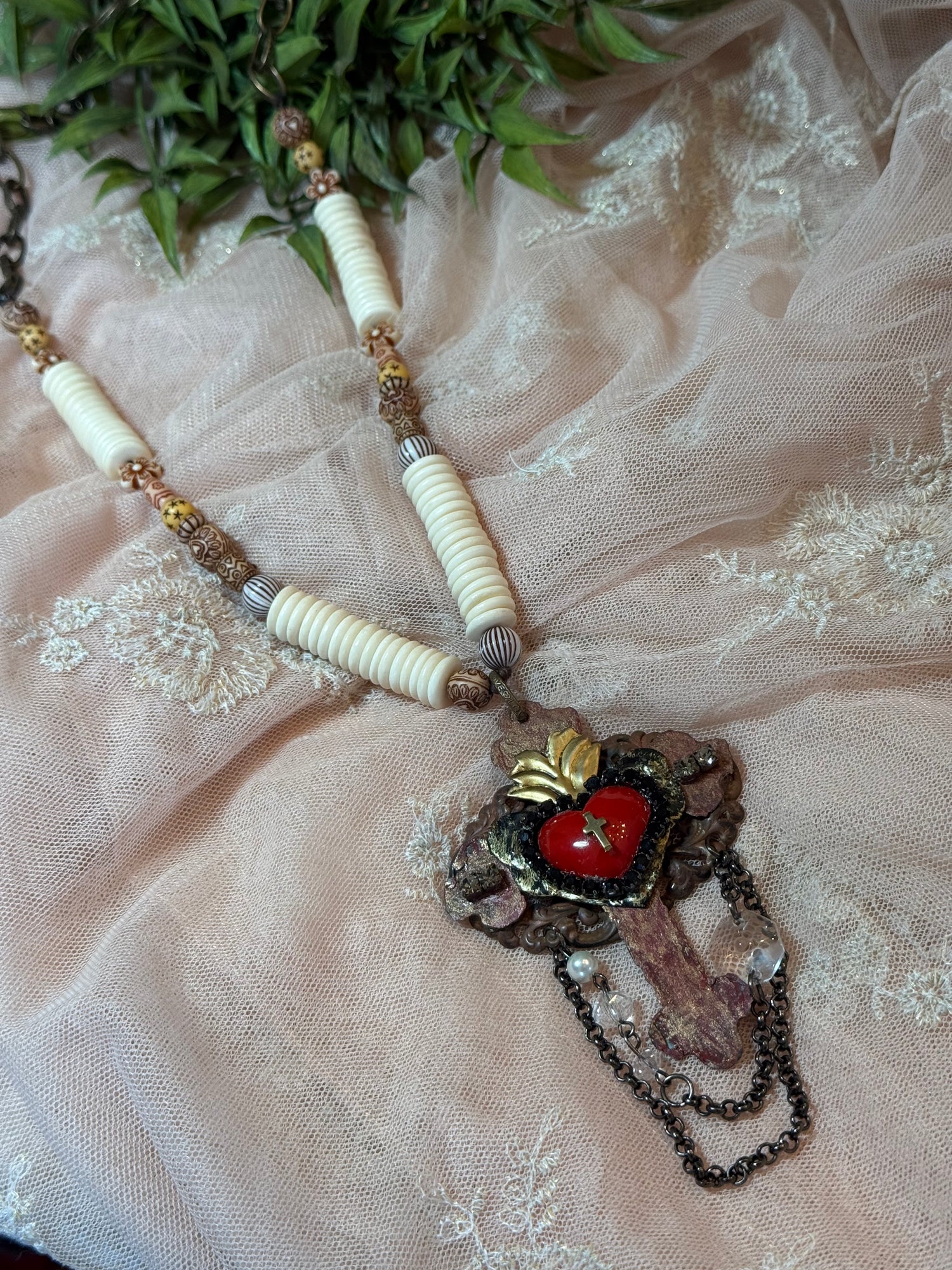 Red Heart on Cross Necklace
