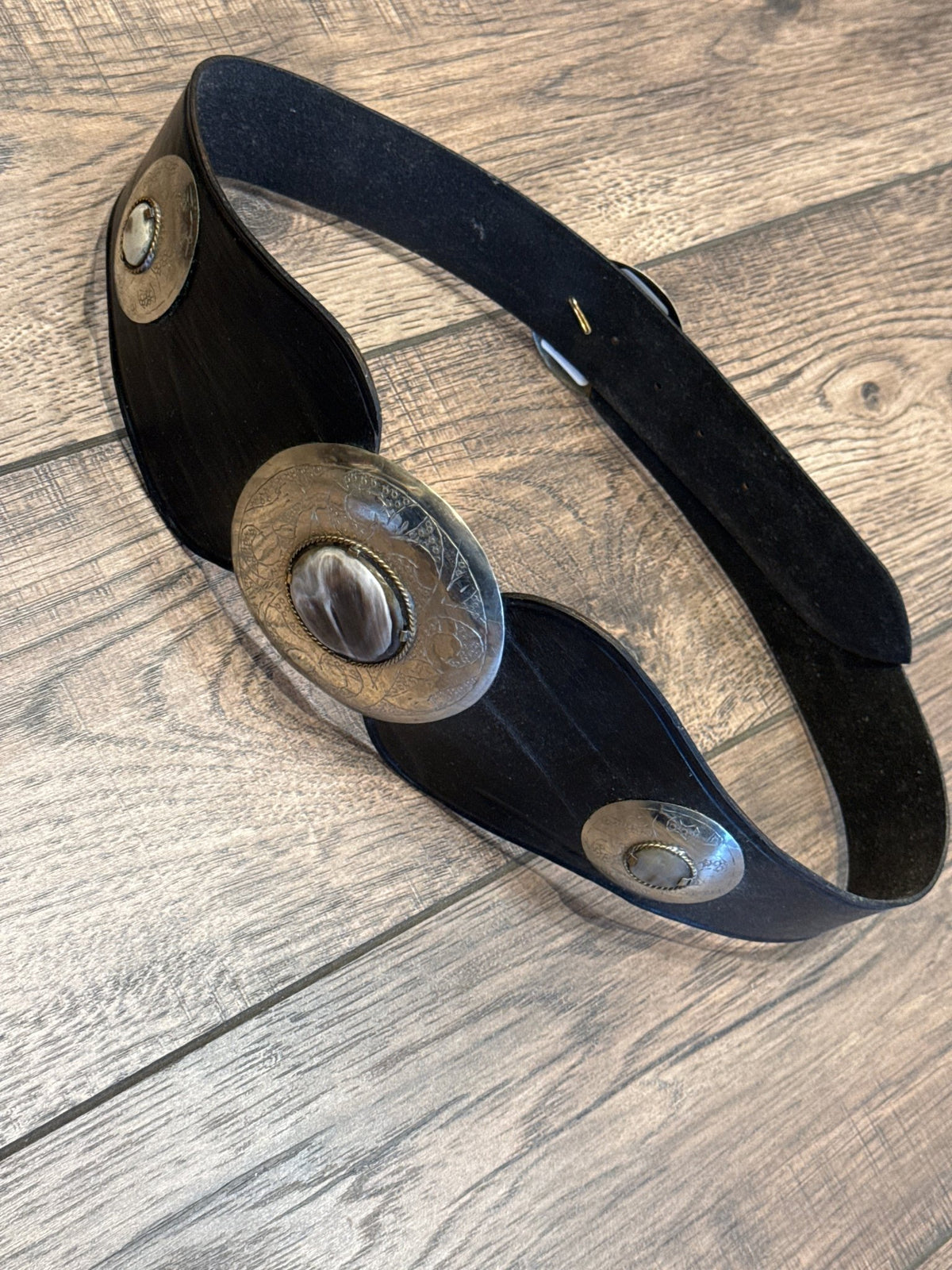 Back Center Metal Black Leather Belt - Vintage Vault Boutique