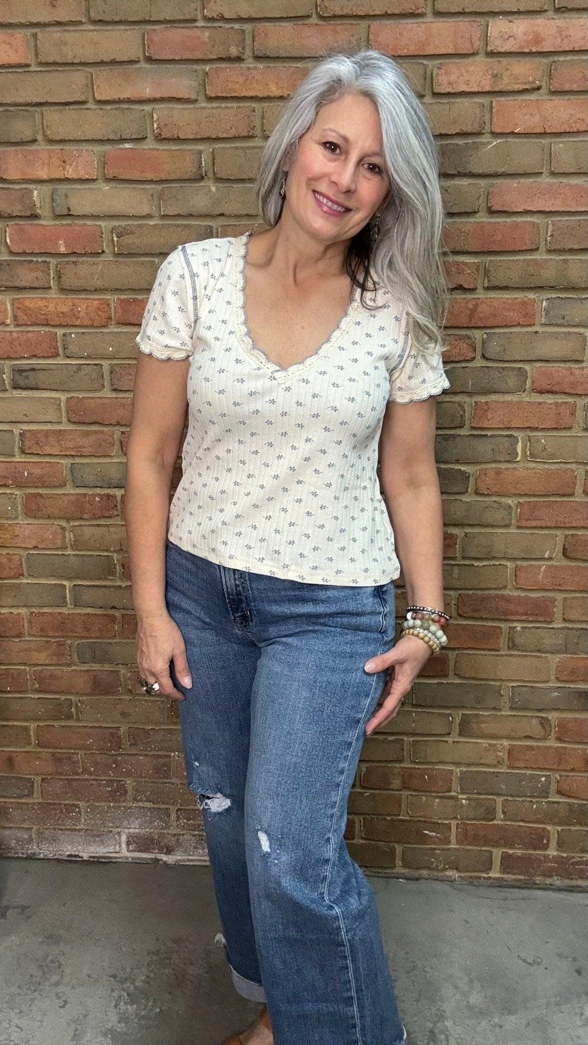 Blue Floral V - Neck Top - Vintage Vault Boutique