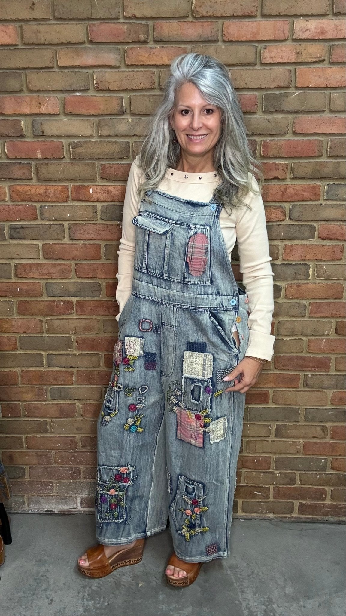 Embroidered Patchwork Denim Overalls - Vintage Vault Boutique