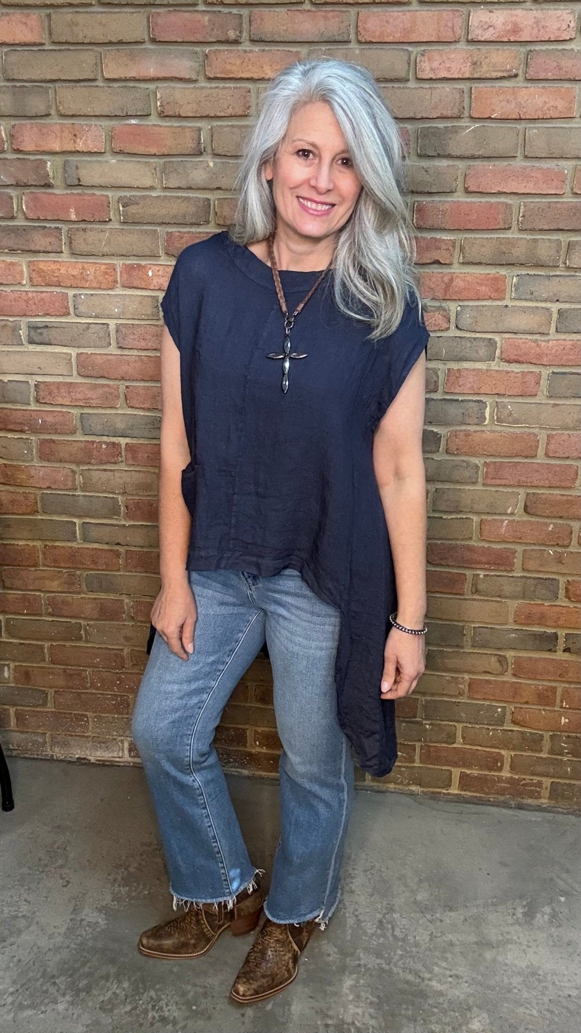 Navy Linen Hi Lo Tank with Pocket - Vintage Vault Boutique