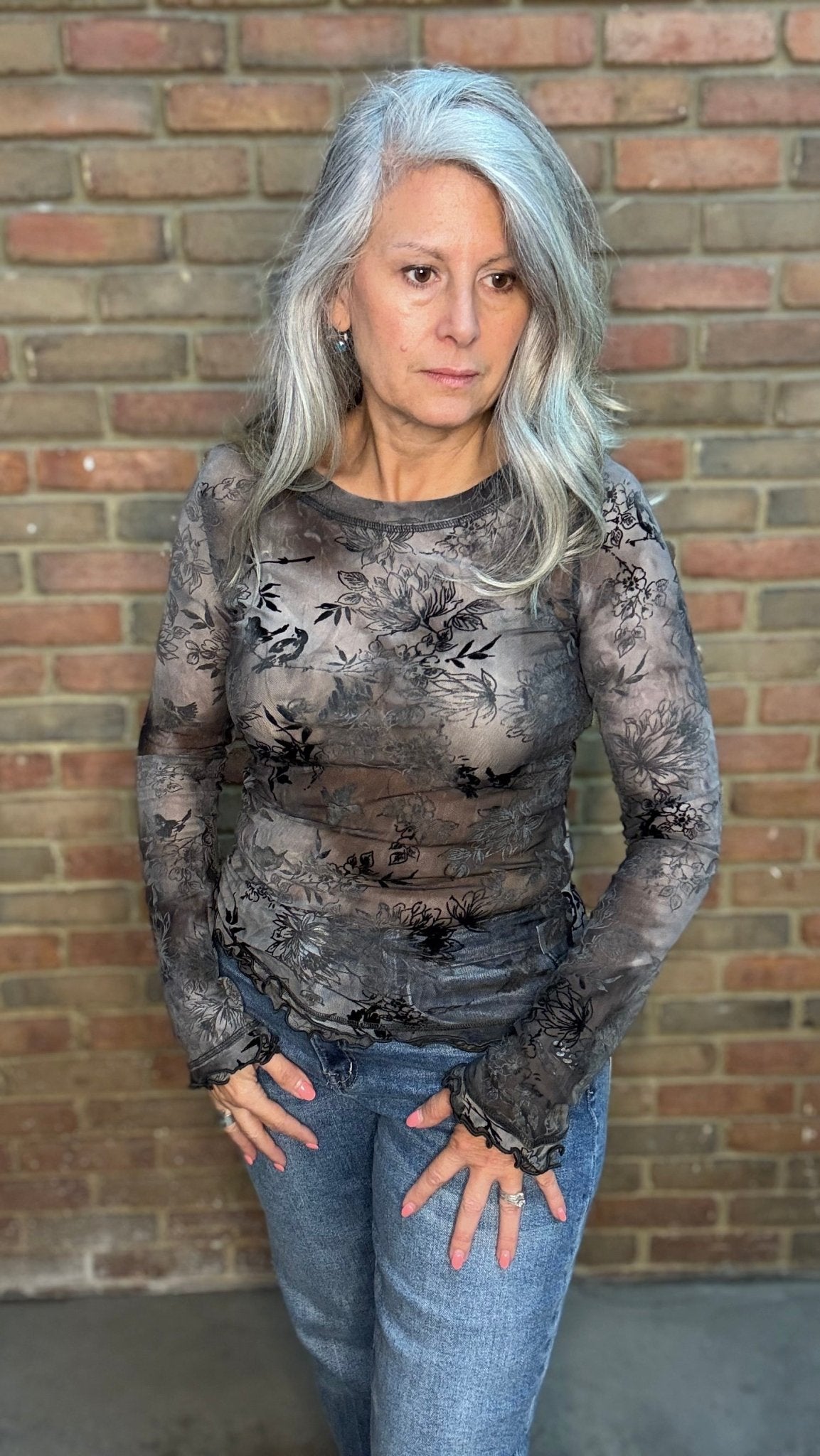 Grey Burn Out Floral Mesh Top - Vintage Vault Boutique