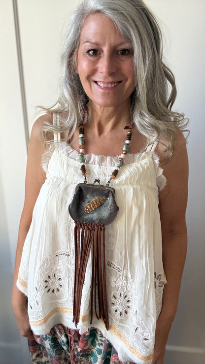 Feather Painted Coin Purse Necklace