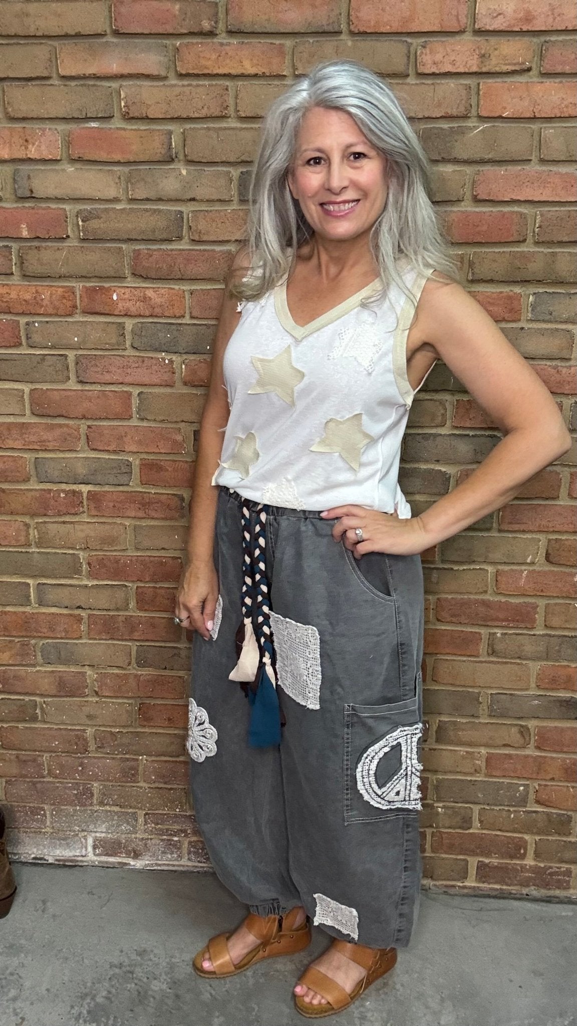 Charcoal Peace Applique Pant - Vintage Vault Boutique