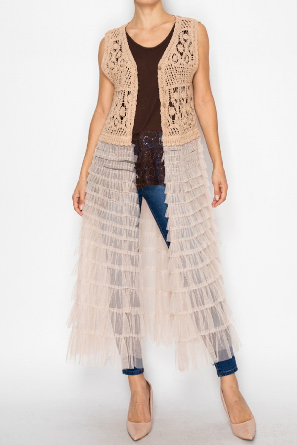 Crochet Vest Tiered Mesh Vest Cardigan - Vintage Vault Boutique