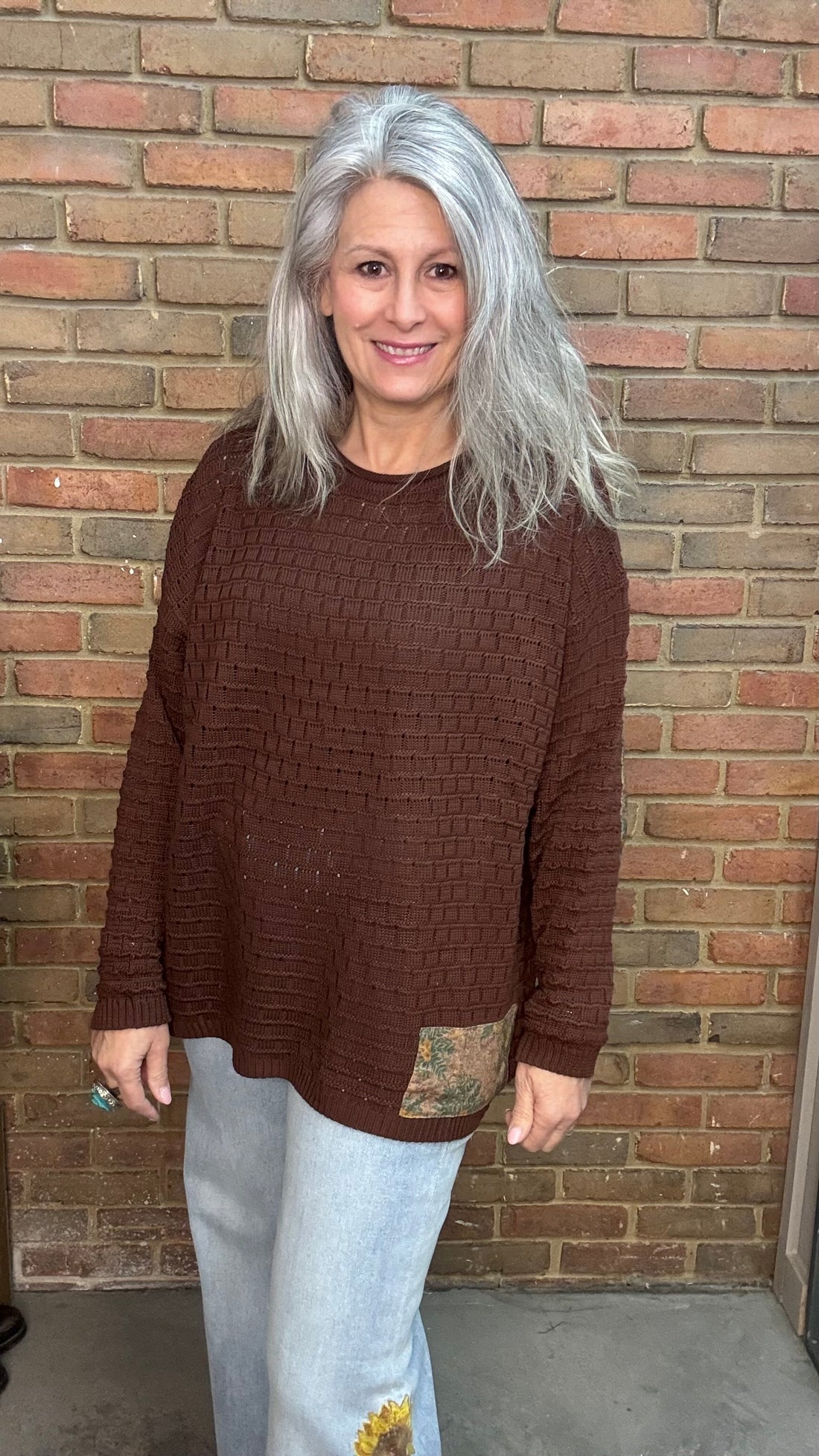 Patchwork Cotton Knit Sweater Coffee