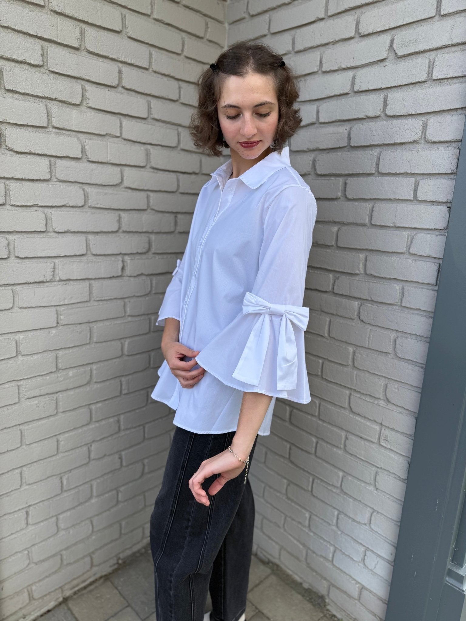 White Shirt with Bow Accent - Vintage Vault Boutique