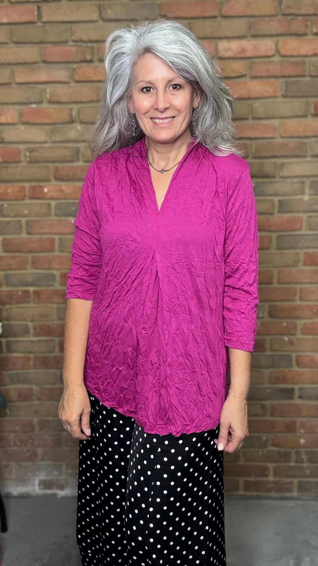 Crinkle V-Neck Top Magenta
