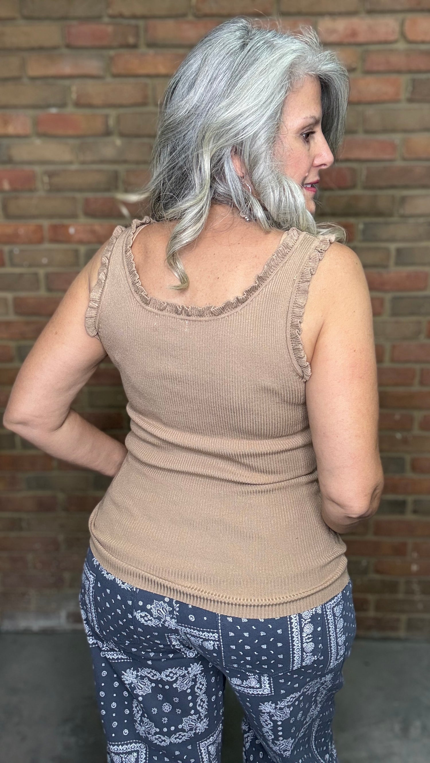 Ruffle Hem Knitted Tank Top -Mocha