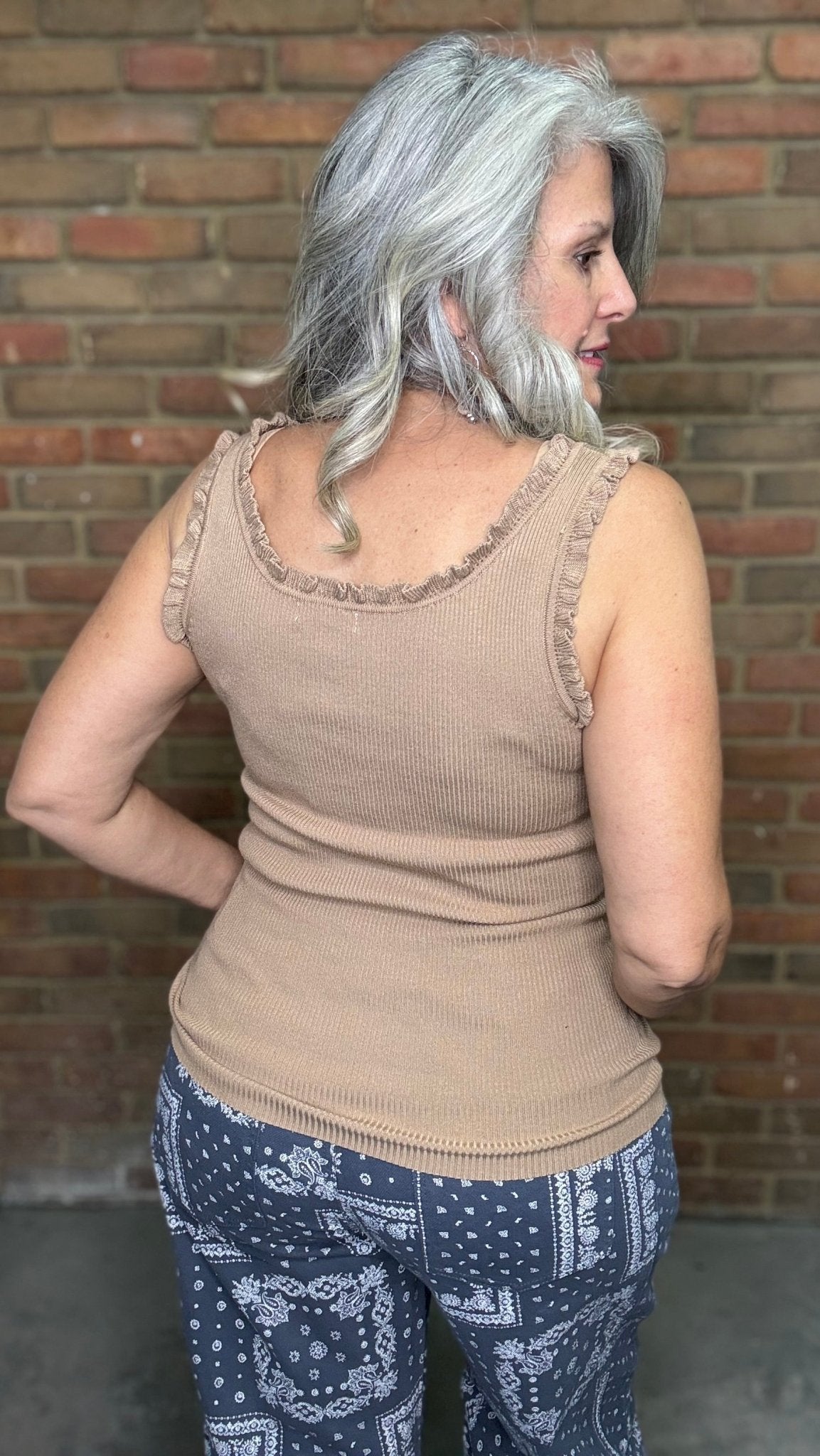Ruffle Hem Knitted Tank Top -Mocha - Vintage Vault Boutique