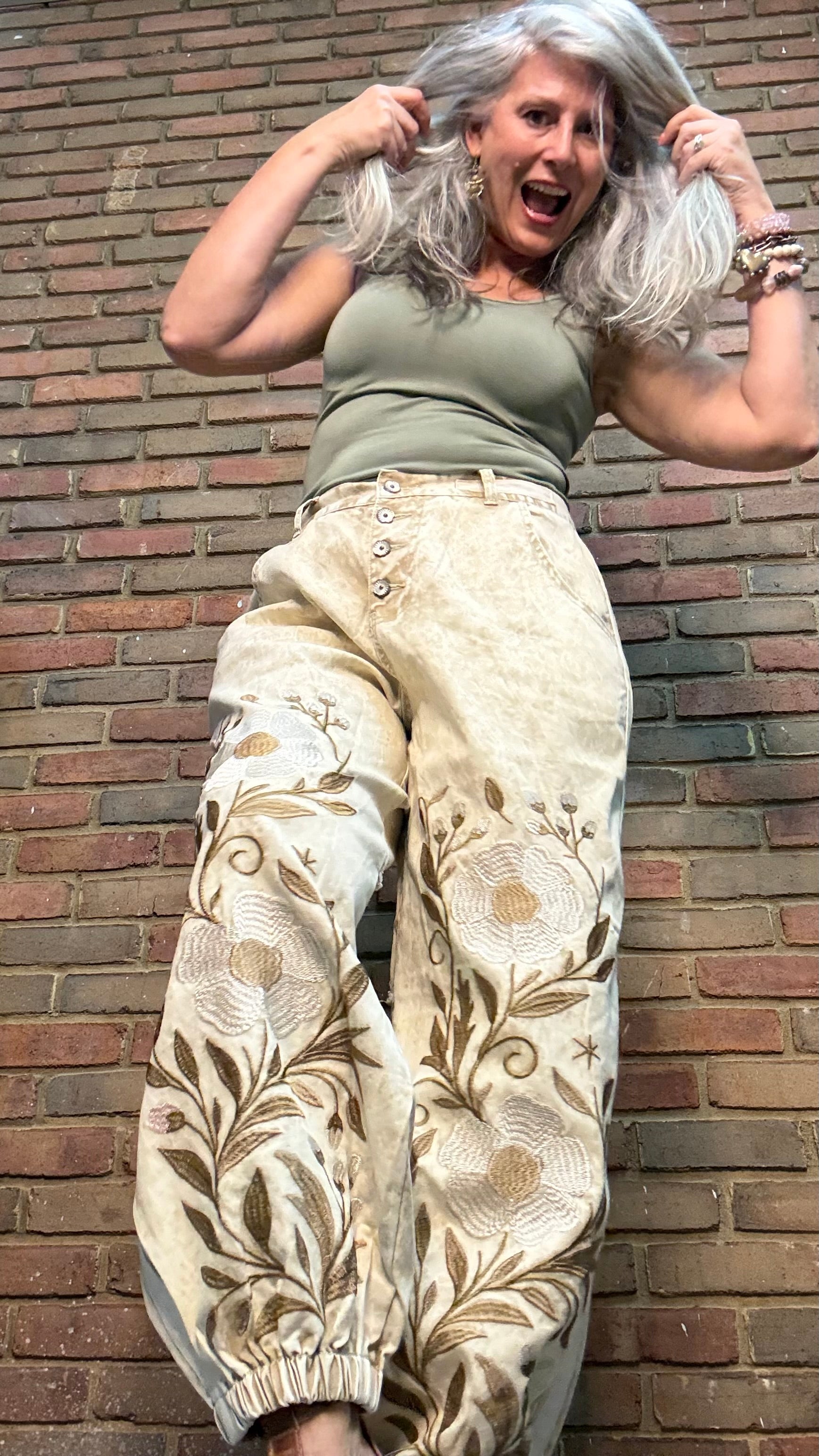 Sand Floral Embroidered Jogger Pants