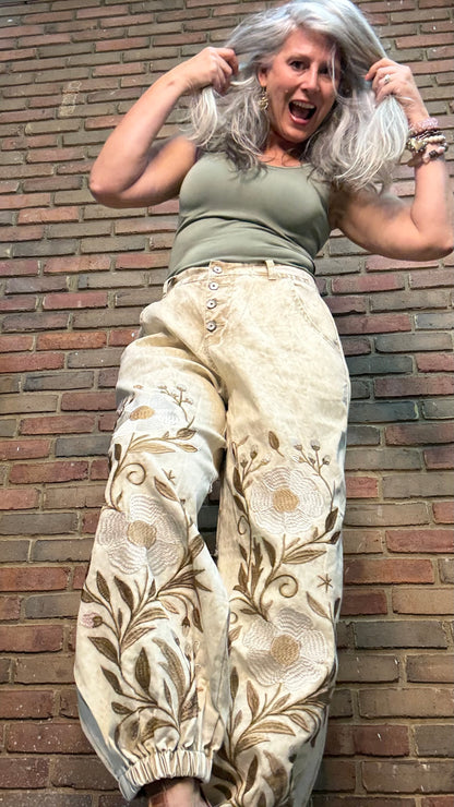 Sand Floral Embroidered Jogger Pants