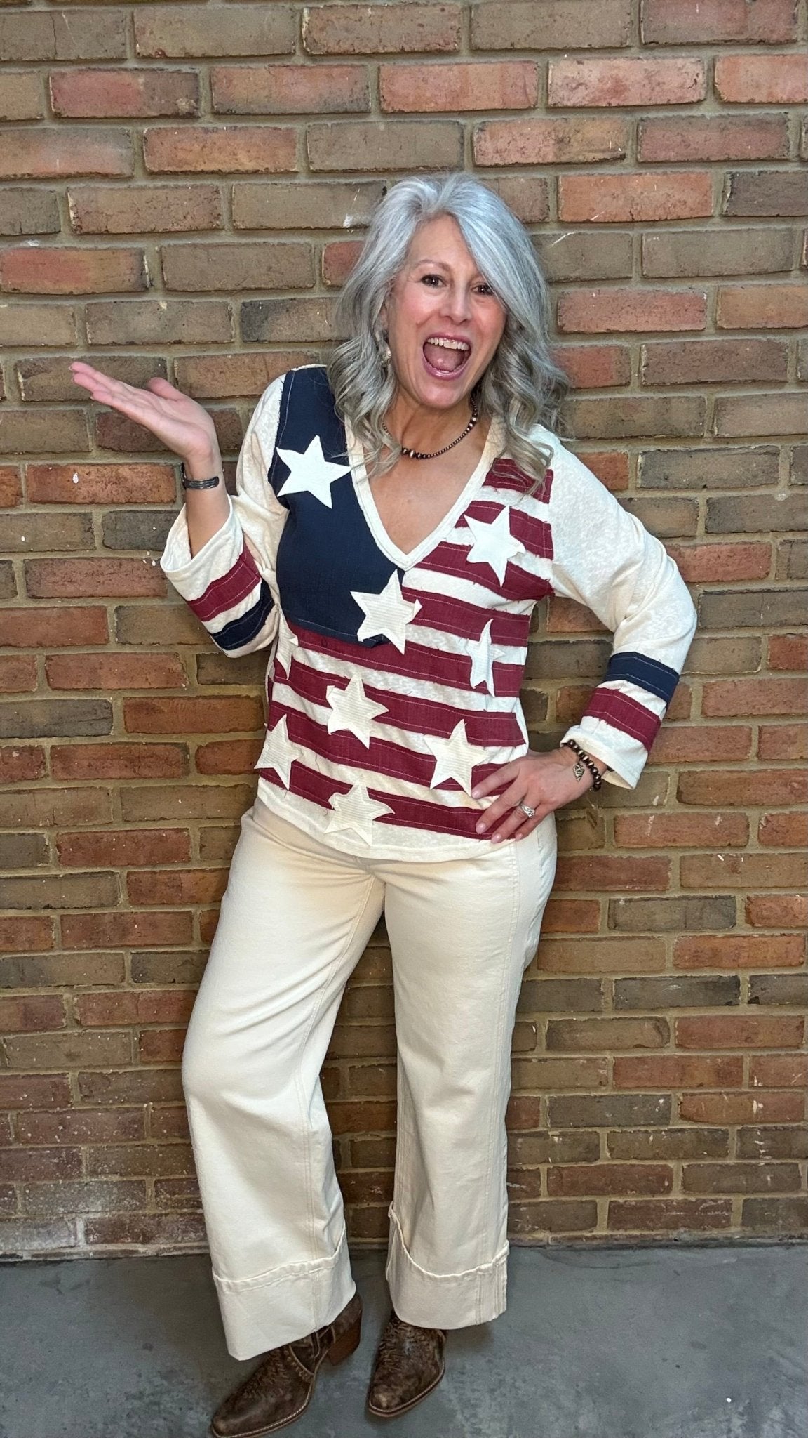 American Flag V - Neck Long Sleeve Top - Vintage Vault Boutique