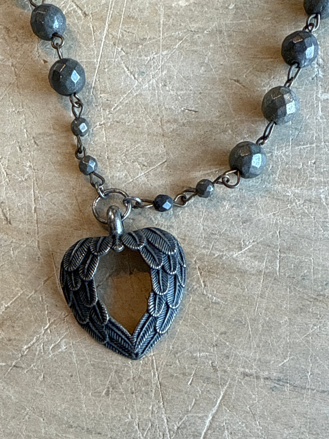Feathered Heart on Pyrite Bead Necklace