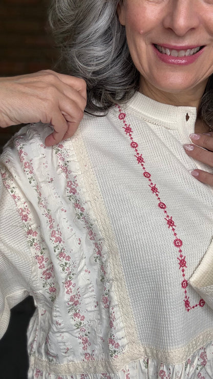 Close-up of a person wearing the Natural Flare Sleeve Mix Media Top 